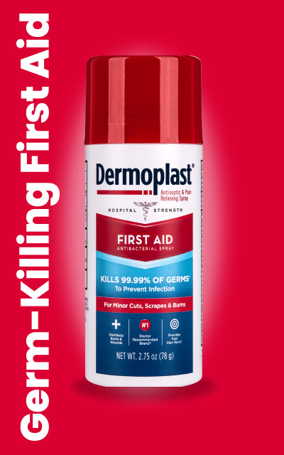 Dermoplast First Aid Antibacterial Spray can on a red background with Germ-Killing First Aid text.