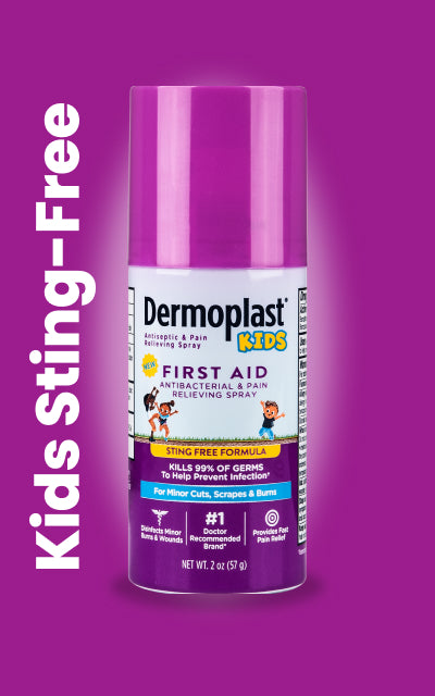 Dermoplast Kids First Aid Antibacterial and Pain Relieving Spray can on a purple background with Kids Sting-Free text.