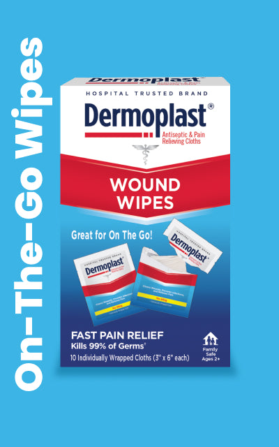 Dermoplast Wound Wipes carton on a light blue background, with On-The-Go Wipes text.