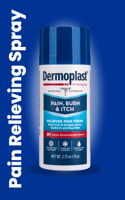 Dermoplast Pain, Burn & Itch Spray can on a cobalt blue background with Pain Relieving Spray text.