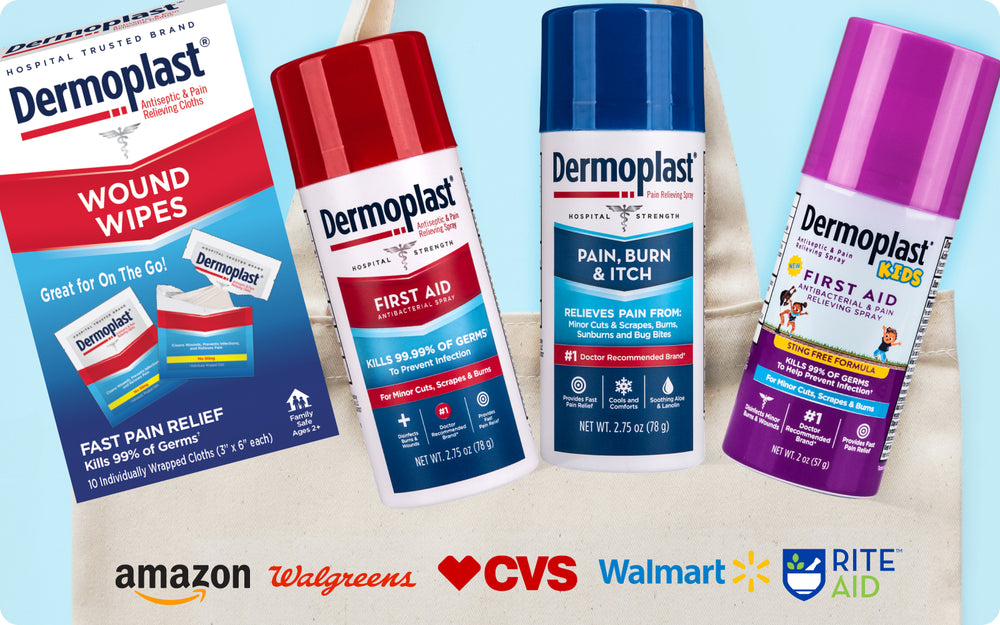 Dermoplast family product shot on top of a tote bag with retailer logos below for amazon, Walgreens, CVS, Walmart and Rite Aid.